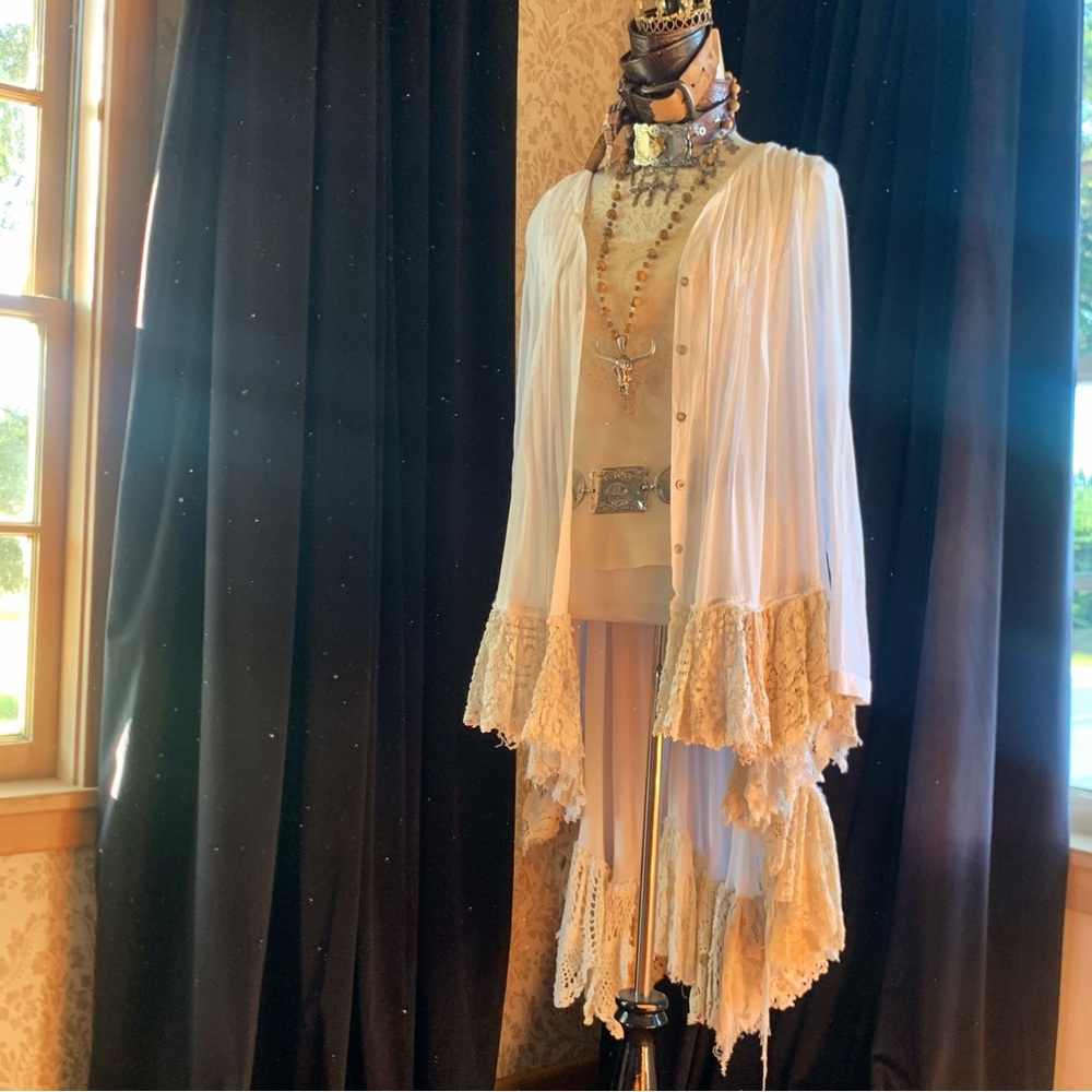 Free People Cream Lace-Trim Button Down Cardigan